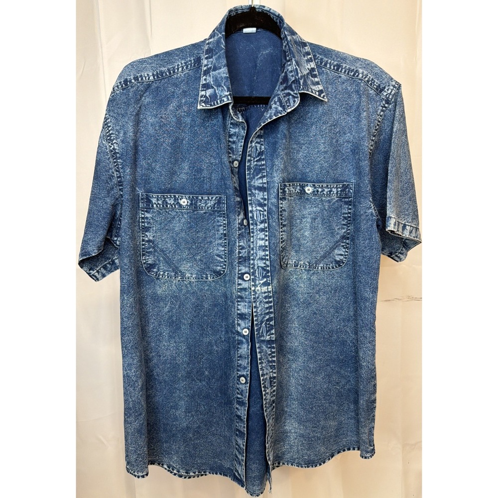 Vintage 80s 90s Mens XL Acid Wash Denim Shirt Short Sleeve Button Up Blue